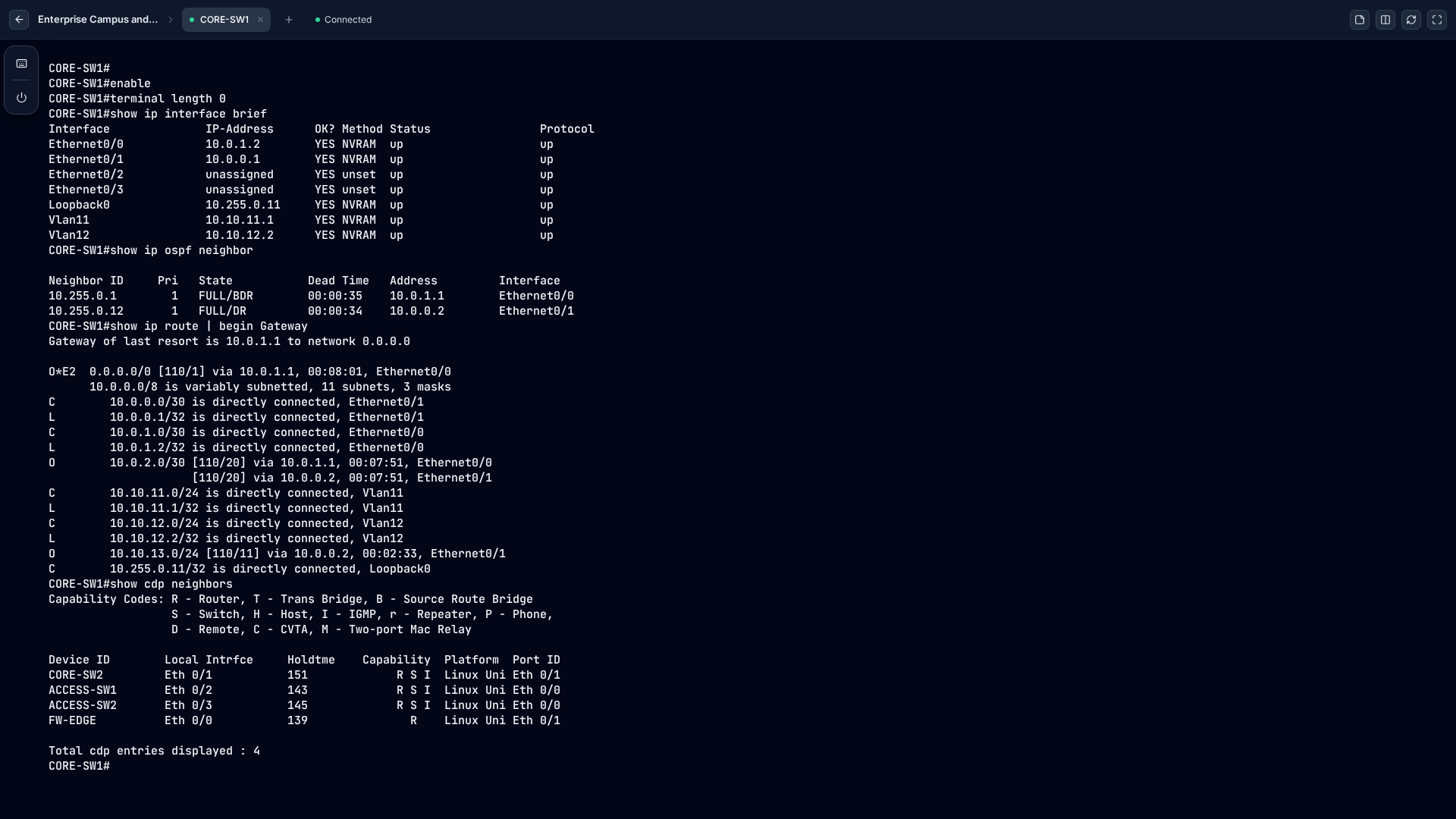 A serial console to a switch showing interface, OSPF neighbor and routing output, with the environment name, a device tab, a Connected indicator and the console toolbar.