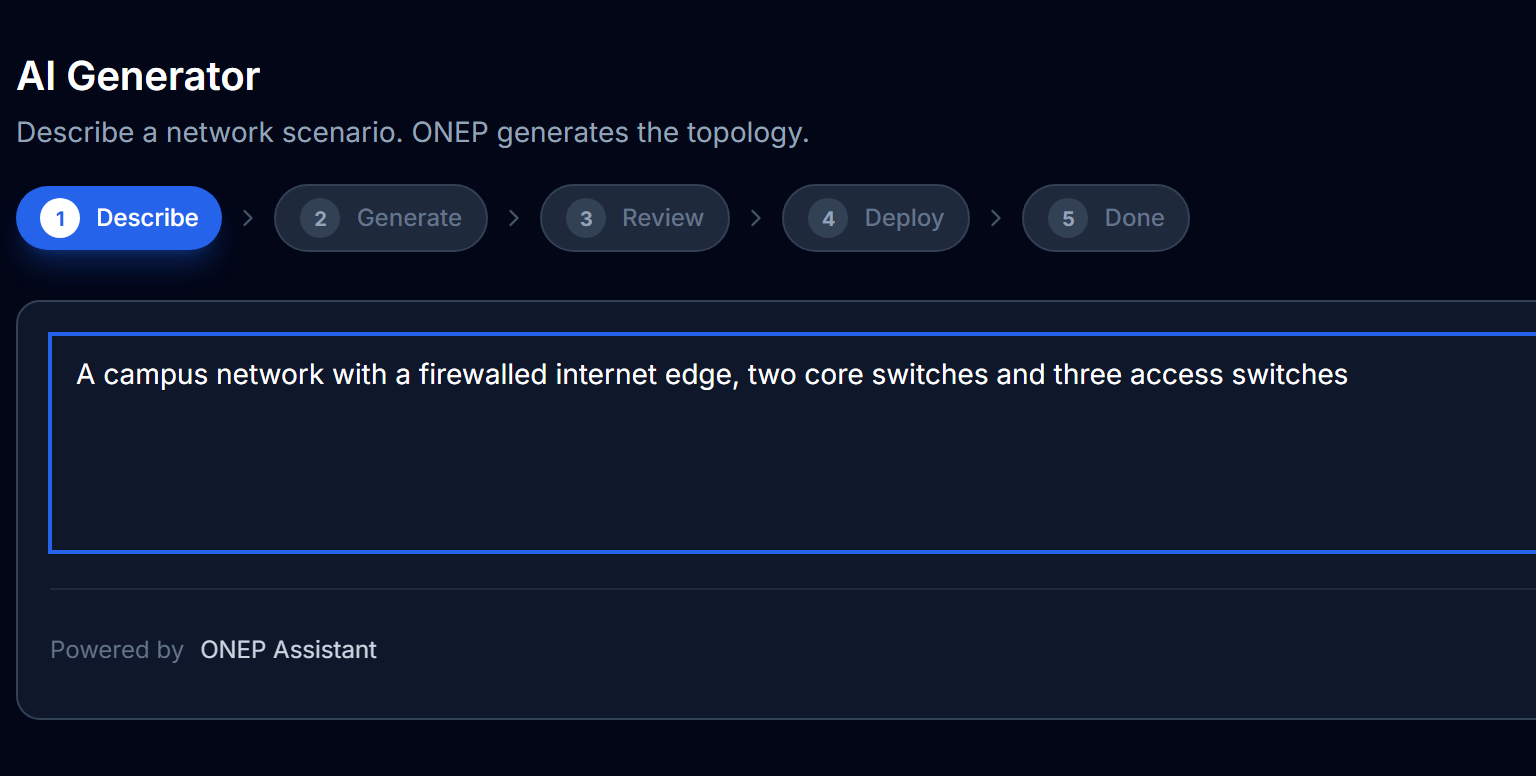 The AI Generator with a one-sentence description of a campus network.