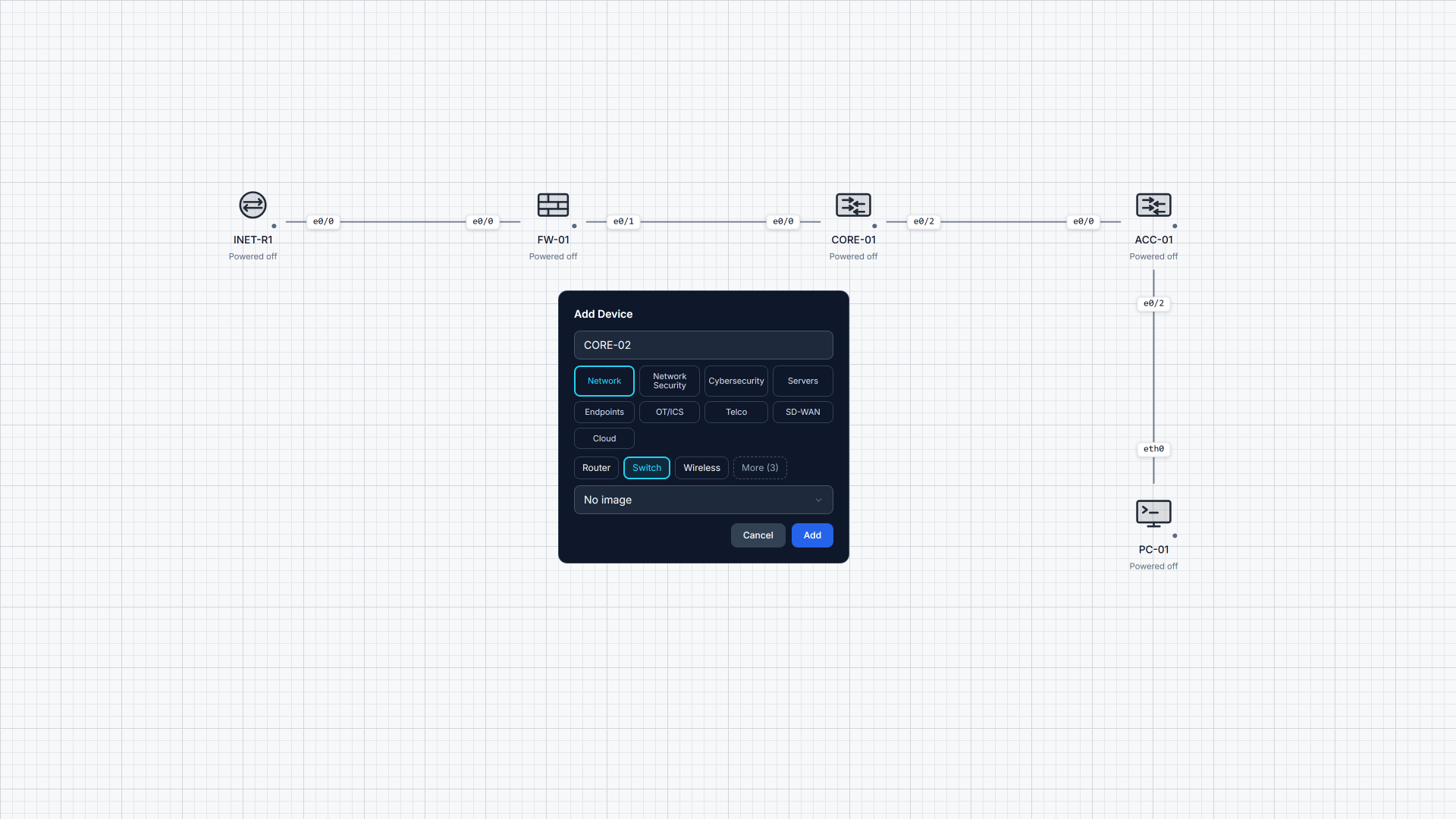 A campus topology on the canvas, every device powered on.
