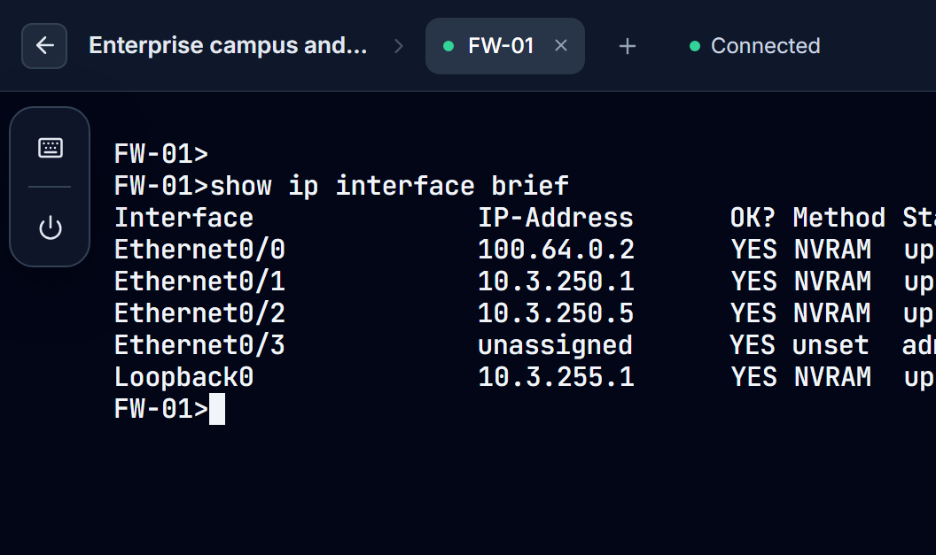 A serial console in the browser showing a firewall's interfaces.