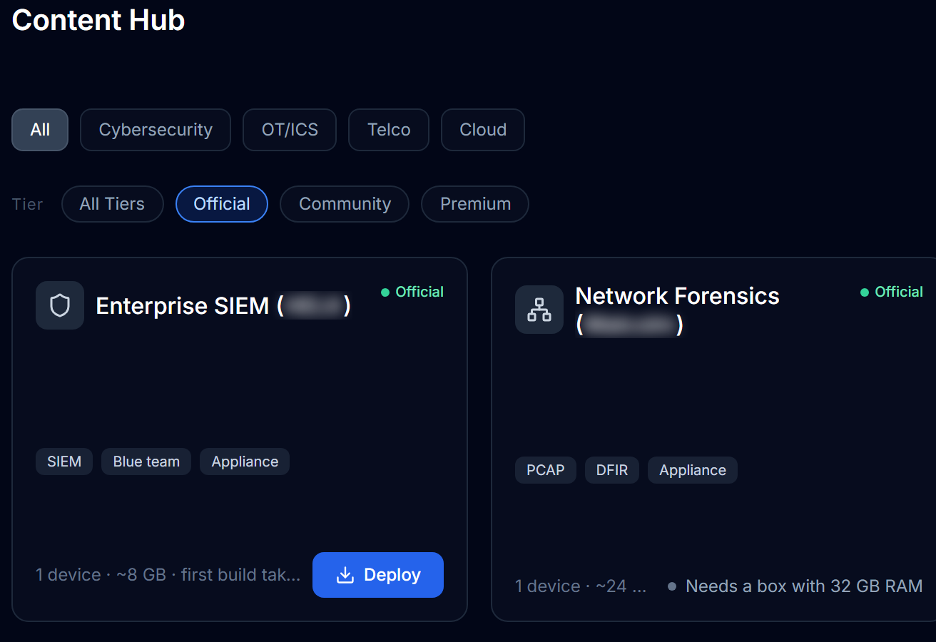 Content Hub cards with tags, device counts and a Deploy button.