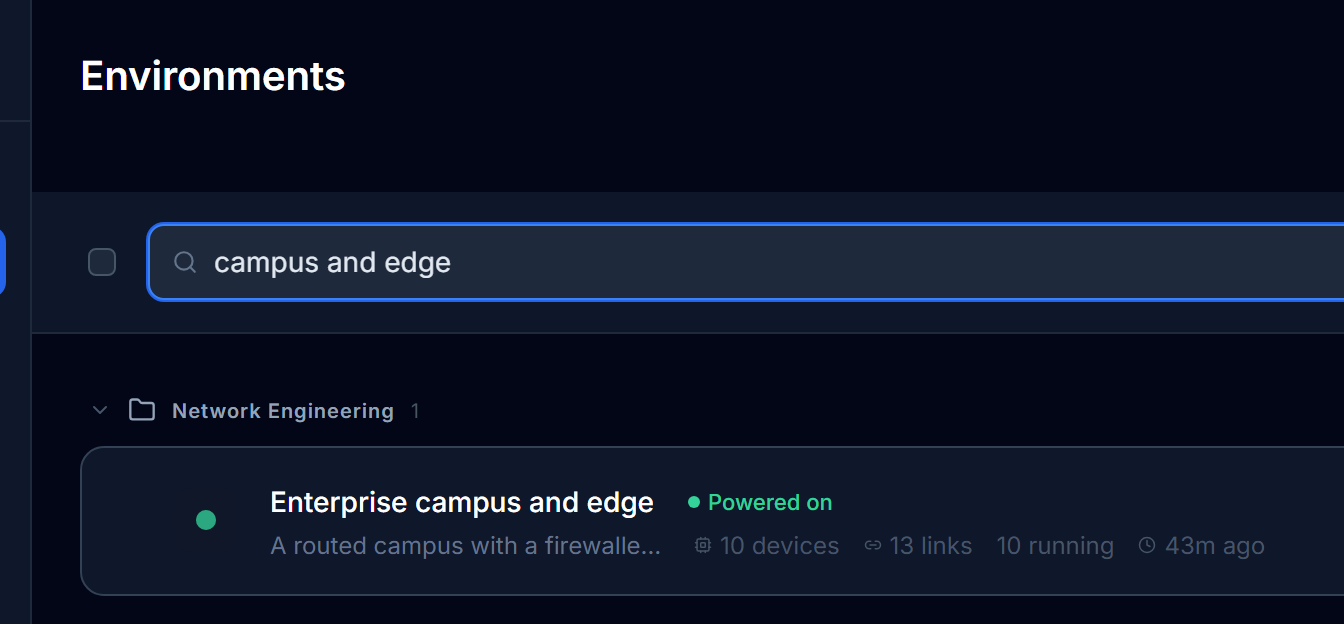 The environments list with a powered-on campus environment.