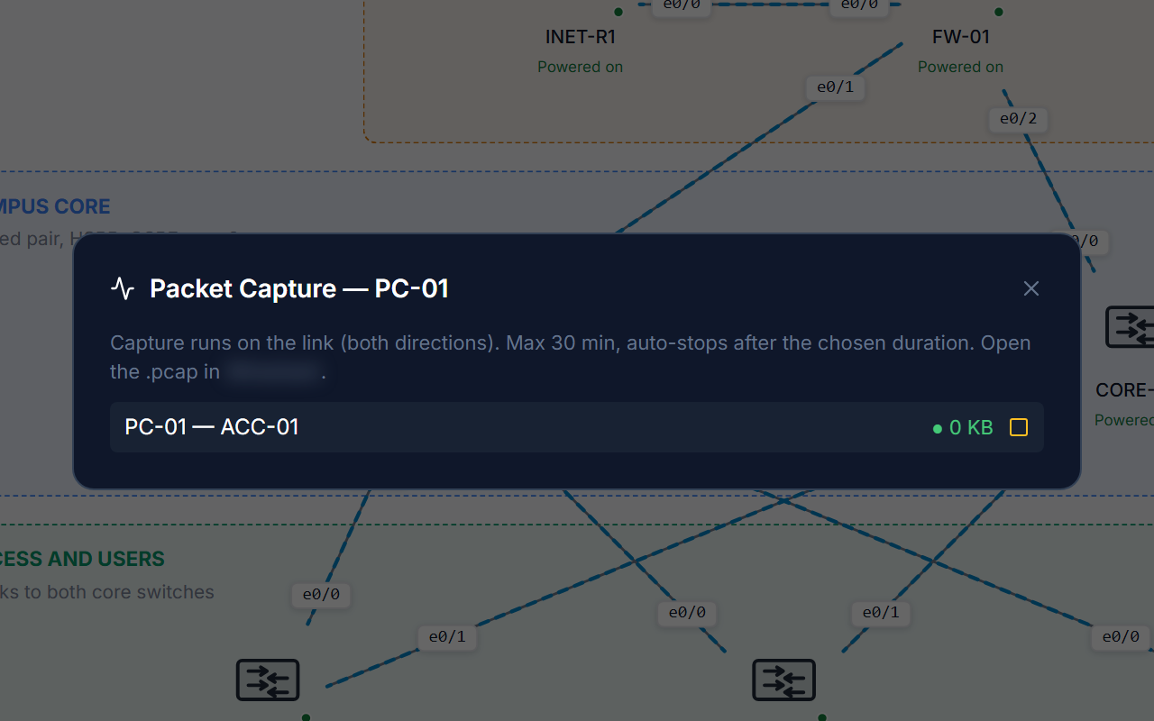A packet capture running on one link of a campus environment.