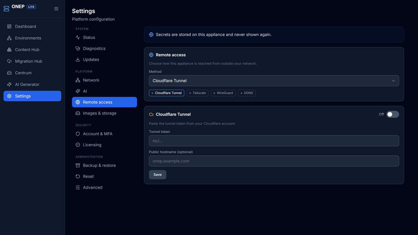 Settings, Remote access: choose how the box is reached from outside, with the tunnel switched off.