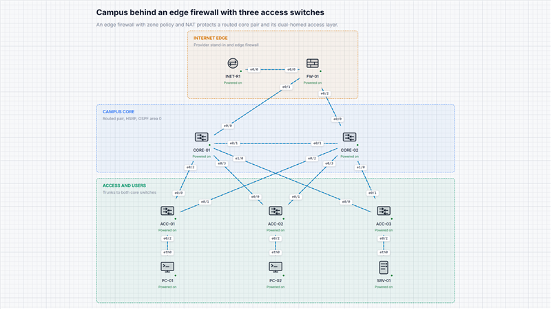 Campus with firewalled internet edge, 3 access switches on the ONEP canvas.
