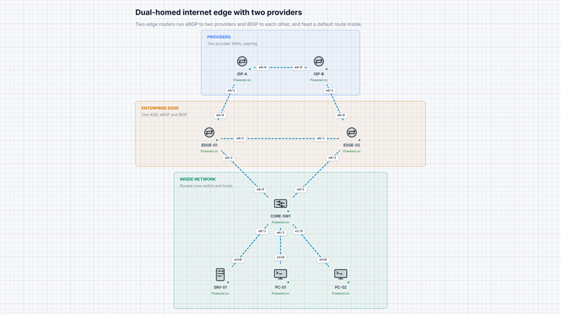 Dual-homed internet edge with BGP, two providers, core switch on the ONEP canvas.