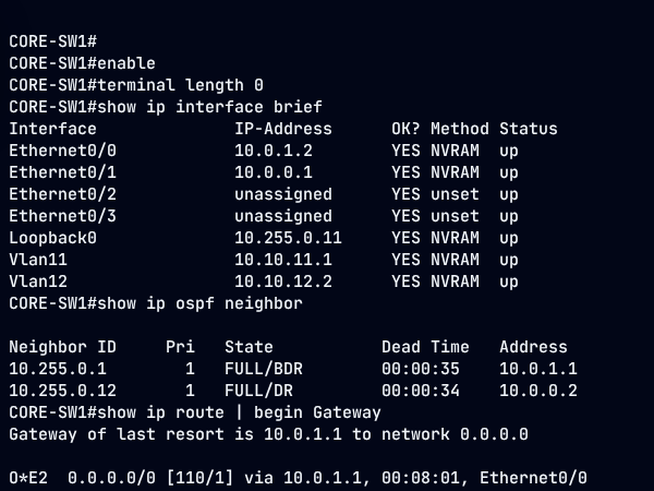 A serial console in the browser showing interfaces, OSPF neighbors and routes on a core switch.